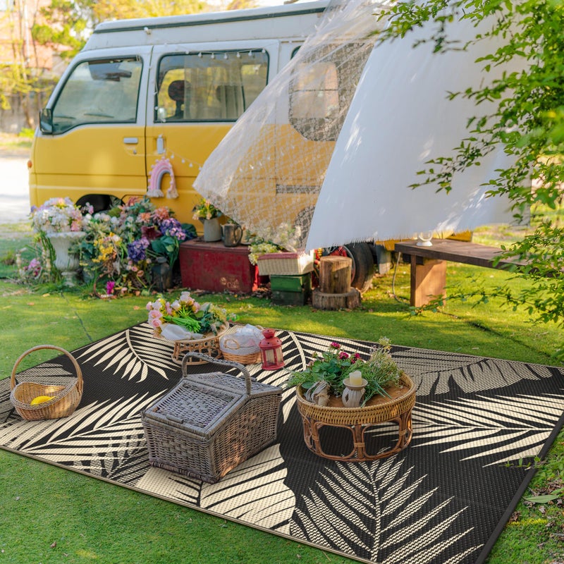 GENIMO Outdoor Rug 6' x 9' Waterproof for Patios Clearance, Reversible Outdoor Plastic Straw Camping Rug Carpet, Large Area Rugs Mats for RV, Camper, Deck, Balcony, Porch, Beach, Picnic, Black&Beige - Image 3