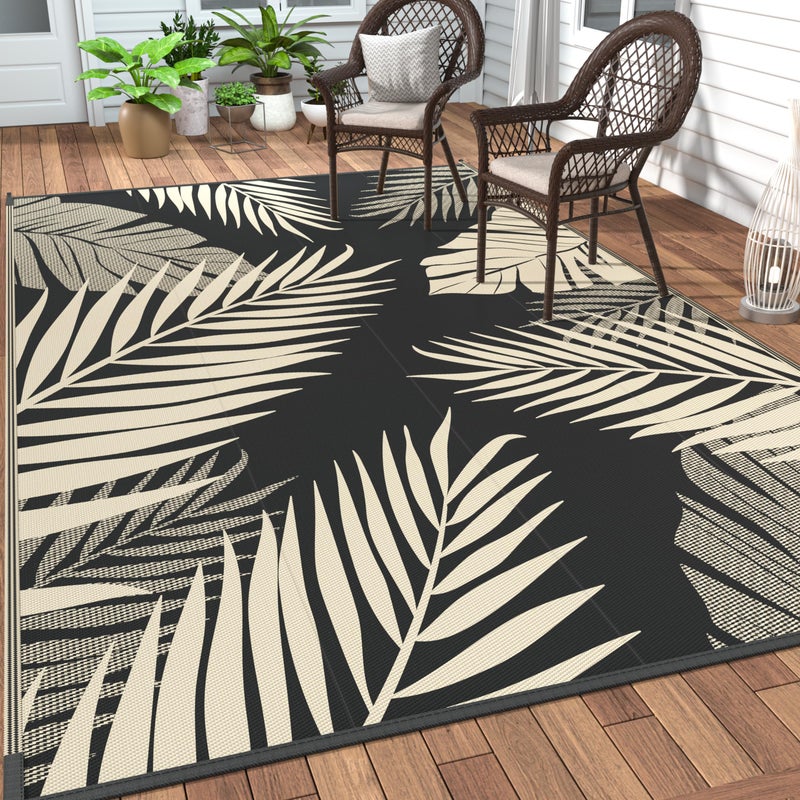 GENIMO Outdoor Rug 6' x 9' Waterproof for Patios Clearance, Reversible Outdoor Plastic Straw Camping Rug Carpet, Large Area Rugs Mats for RV, Camper, Deck, Balcony, Porch, Beach, Picnic, Black&Beige - Image 1