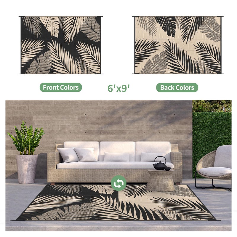 GENIMO Outdoor Rug 6' x 9' Waterproof for Patios Clearance, Reversible Outdoor Plastic Straw Camping Rug Carpet, Large Area Rugs Mats for RV, Camper, Deck, Balcony, Porch, Beach, Picnic, Black&Beige - Image 2