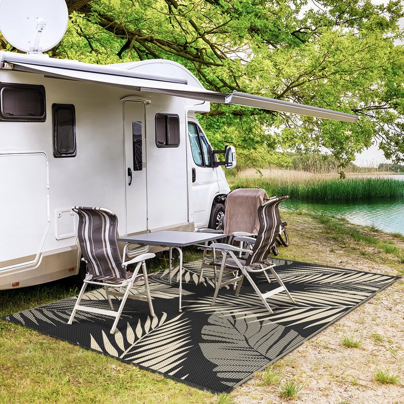 GENIMO Outdoor Rug 6' x 9' Waterproof for Patios Clearance, Reversible Outdoor Plastic Straw Camping Rug Carpet, Large Area Rugs Mats for RV, Camper, Deck, Balcony, Porch, Beach, Picnic, Black&Beige - Image 5