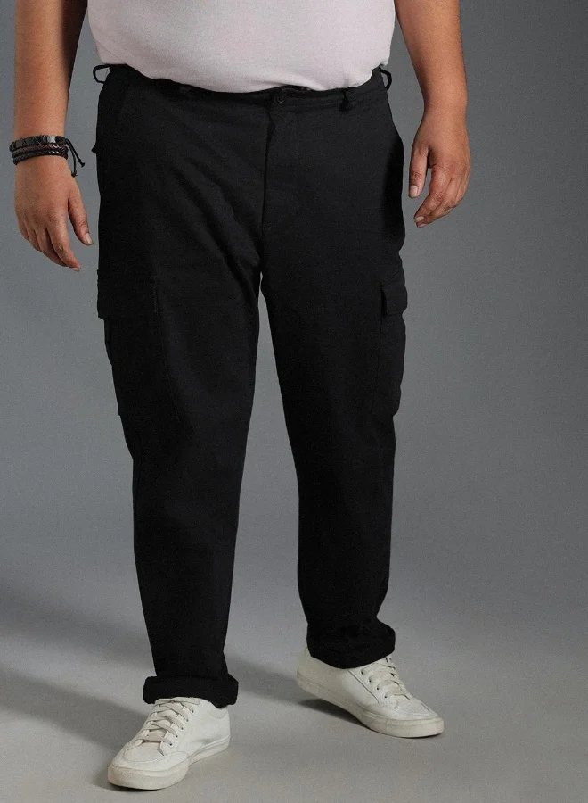 HIGH STAR Men's Black Cotton Blend Solid Pattern Full Length Cargo Slim Fit Trouser
