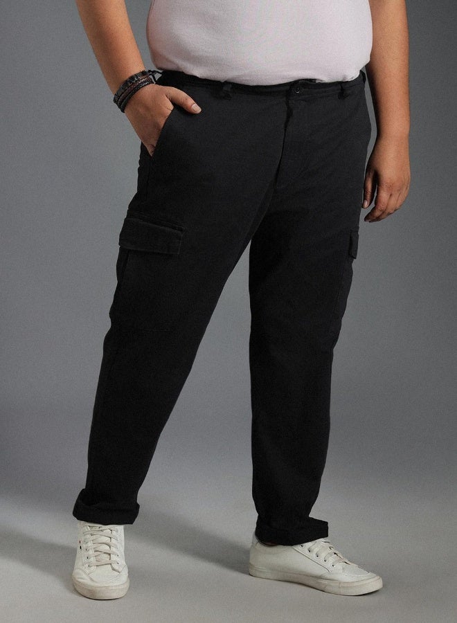 HIGH STAR Men's Black Cotton Blend Solid Pattern Full Length Cargo Slim Fit Trouser  - Image 1