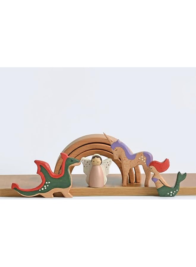 PROMASS Mystical creatures set of 4,Wooden animals, Educational toy, Early learning toy, Fairy, Unicorn, Dragon, Mermaid - Image 1