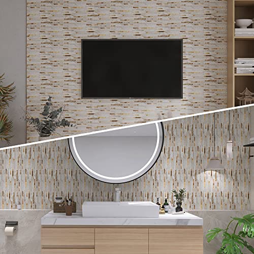 KASARO Peel and Stick Marble Tiles, Self-Adhesive Aluminum Wall Tile Stick on Bathroom, Fireplace, RV, Marble Beige with Vintage Golden Embellished Stripes, 10-Sheet - Image 2