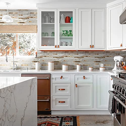 KASARO Peel and Stick Marble Tiles, Self-Adhesive Aluminum Wall Tile Stick on Bathroom, Fireplace, RV, Marble Beige with Vintage Golden Embellished Stripes, 10-Sheet - Image 4
