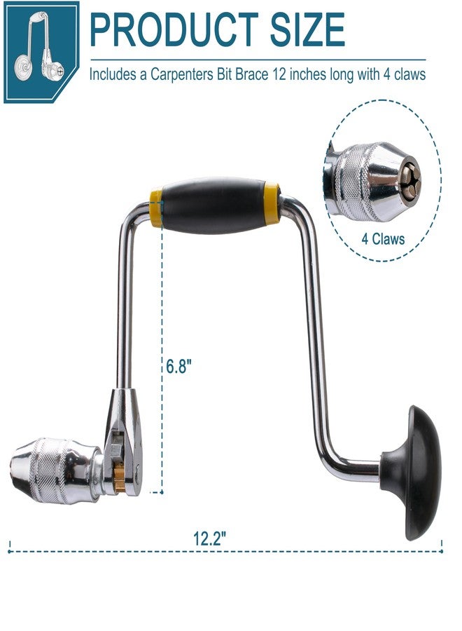 LikeLion Professional Carpenters Bit Brace Hand Crank Drill with 12-Inch Swing Arm,with 4 claws, Steel and Plastic Construction - Image 5