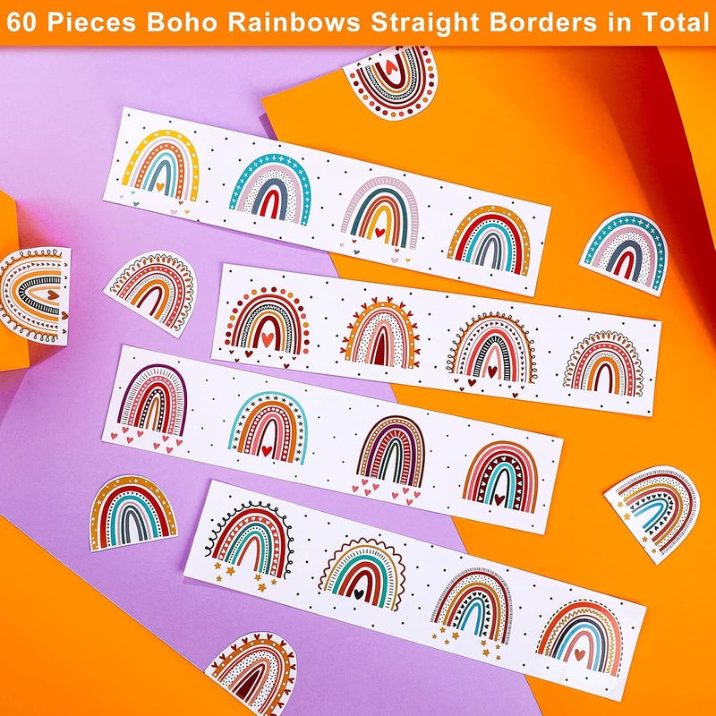 كلاراكو 60 قطعة من شرائط حدود لوحة الإعلانات ذات الحواف المستقيمة من Simply Boho Rainbows مقاس 13.8 × 3 بوصة مع نقاط بولكا وقلوب للديكور المنزلي والمكتب والفصول الدراسية ولوحات الإعلانات والمكاتب والخزائن - Image 3