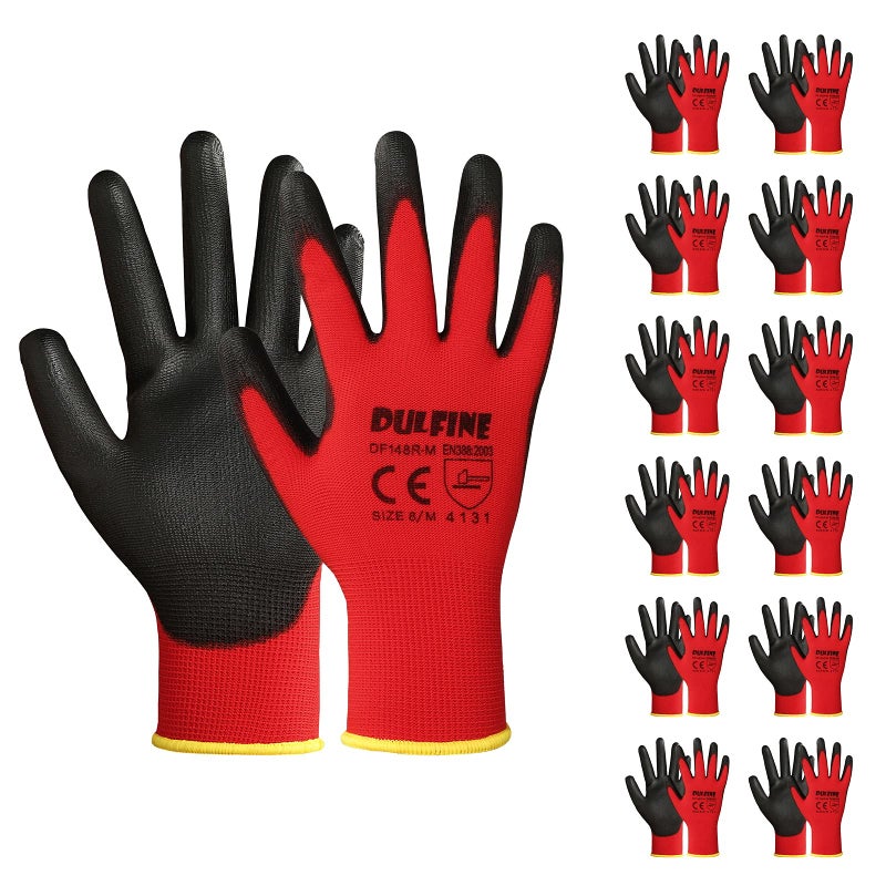 Safety Work Gloves PU Coated12 PairsRed Seamless Knit Glove with Polyurethane Coated Smooth Grip on Palm Fingers for Men and Women Ideal for General Duty Work Large