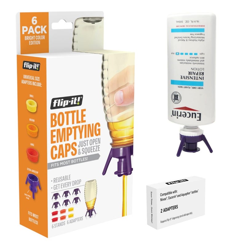FlipIt Bottle Emptying Kit No More Wasted Product  Fits Most Plastic Bottles  Get Every Drop of Shampoo  Lotion  Adapters Included to fit Nivea Eucerin and Aquaphor