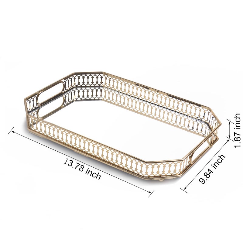 Yikinip Bar Cart Tray Glass and Gold Trayï¼ŒMirrored Tray for Cologne, Perfume and Gold Vanity Tray- Decorative Mirrored Vanity Tray with Cutout Design, Glass Base, Metal Jewelry Organizer - Image 2