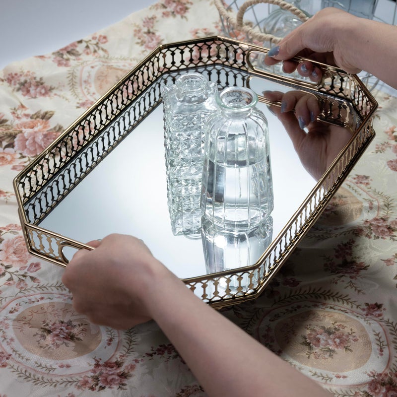 Yikinip Bar Cart Tray Glass and Gold Trayï¼ŒMirrored Tray for Cologne, Perfume and Gold Vanity Tray- Decorative Mirrored Vanity Tray with Cutout Design, Glass Base, Metal Jewelry Organizer - Image 3