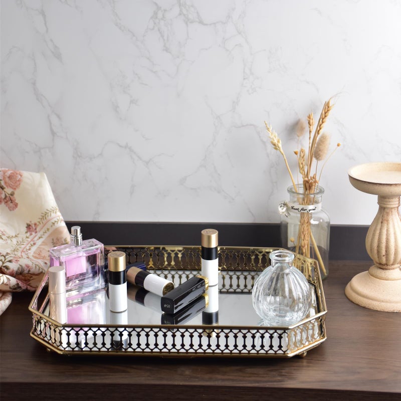Yikinip Bar Cart Tray Glass and Gold Trayï¼ŒMirrored Tray for Cologne, Perfume and Gold Vanity Tray- Decorative Mirrored Vanity Tray with Cutout Design, Glass Base, Metal Jewelry Organizer - Image 5