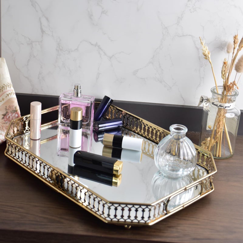 Yikinip Bar Cart Tray Glass and Gold Trayï¼ŒMirrored Tray for Cologne, Perfume and Gold Vanity Tray- Decorative Mirrored Vanity Tray with Cutout Design, Glass Base, Metal Jewelry Organizer - Image 4