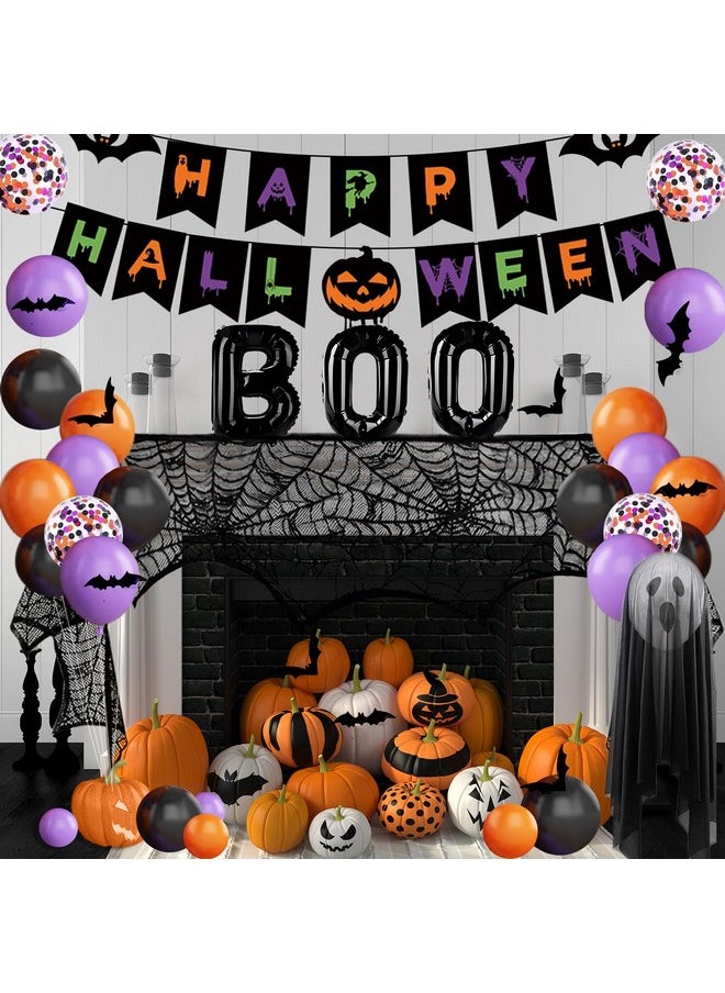 MEHOFOND Halloween Decorations Indoor Set 63Pcs , Spider Web Fireplace Mantel Scarf, Halloween Boo Balloon, Halloween Bats Stickers, Happy Halloween Banner Party Supplies For Home Decor  - Image 1