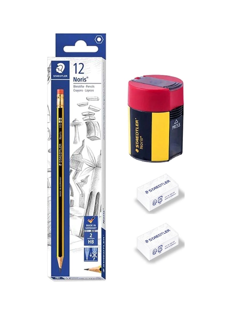 STAEDTLER 12-Piece Pencil With Tub Sharpener And 2 Erasers - Image 1