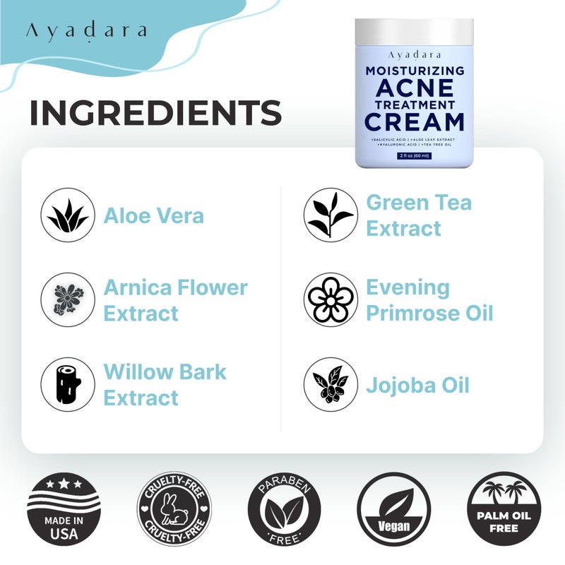 AYADARA Moisturizing Acne Cream, Salicylic Acid Face Moisturizer for Oily & Acne-Prone Skin, Helps with Pimples, Blackheads, Whiteheads, Hormonal & Cystic Acne, for Men and Women, 90-Day Supply by Ayadara - Image 5
