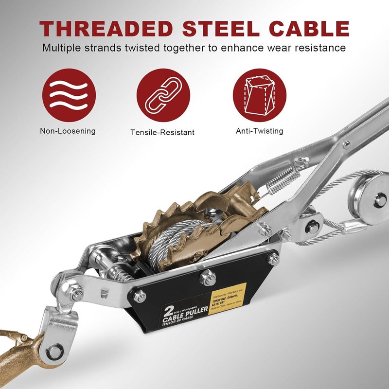 BIG RED T32052 Torin Come Along Winch, 2 Ton (4,000 lbs) Pulling Capacity, 11ft Steel Cable,2 Hooks, Heavy Duty Power Puller Tool with Dual Gears,Hand Winch Cable, Automotive Hoist Winch Puller,Black - Image 5