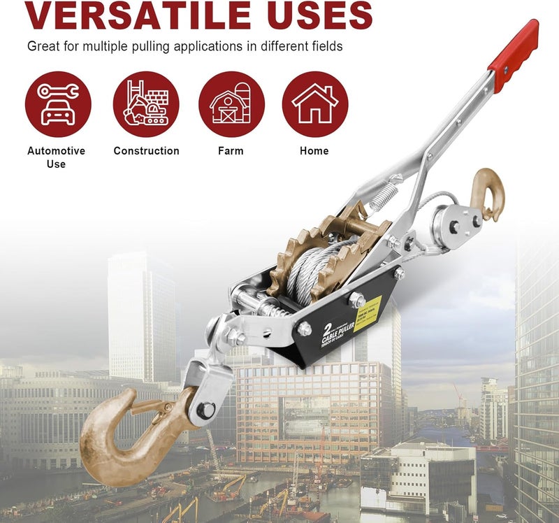 BIG RED T32052 Torin Come Along Winch, 2 Ton (4,000 lbs) Pulling Capacity, 11ft Steel Cable,2 Hooks, Heavy Duty Power Puller Tool with Dual Gears,Hand Winch Cable, Automotive Hoist Winch Puller,Black - Image 4