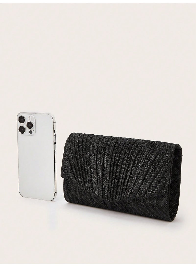 Women's Black Pleated Glitter Evening Clutch Bag - Image 5