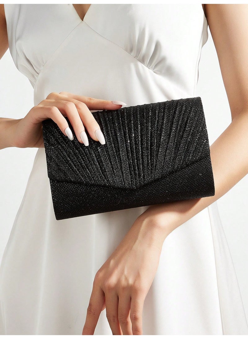 Women's Black Pleated Glitter Evening Clutch Bag - Image 1