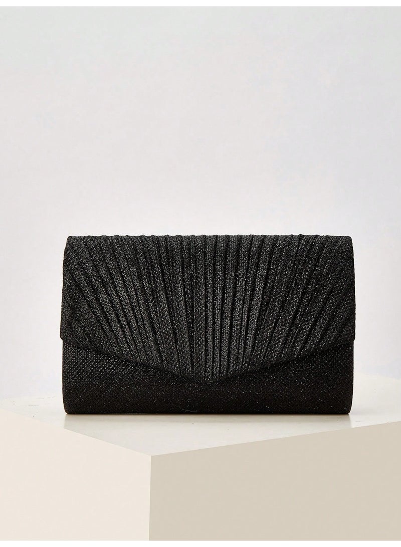 Women's Black Pleated Glitter Evening Clutch Bag - Image 2