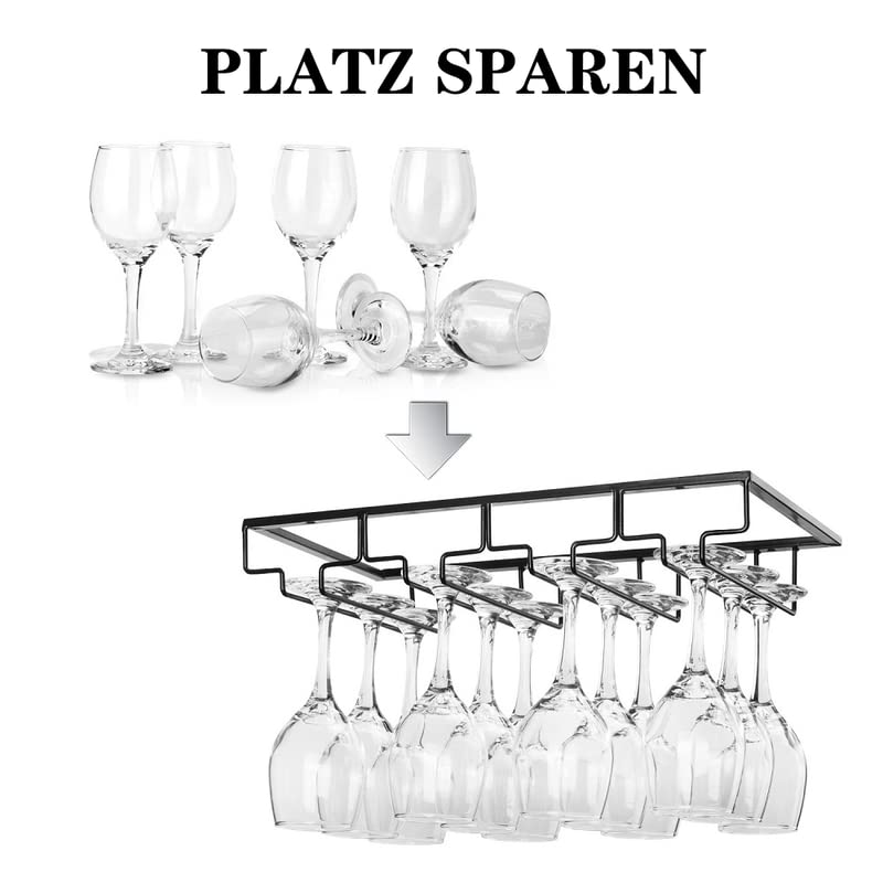 FOMANSH Wine Glass Rack - Under Cabinet Stemware Wine Glass Holder Glasses Storage Hanger 2 Pack Metal Organizer for Bar Kitchen 4 Rows Black - Image 2
