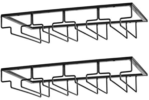 FOMANSH Wine Glass Rack - Under Cabinet Stemware Wine Glass Holder Glasses Storage Hanger 2 Pack Metal Organizer for Bar Kitchen 4 Rows Black - Image 1