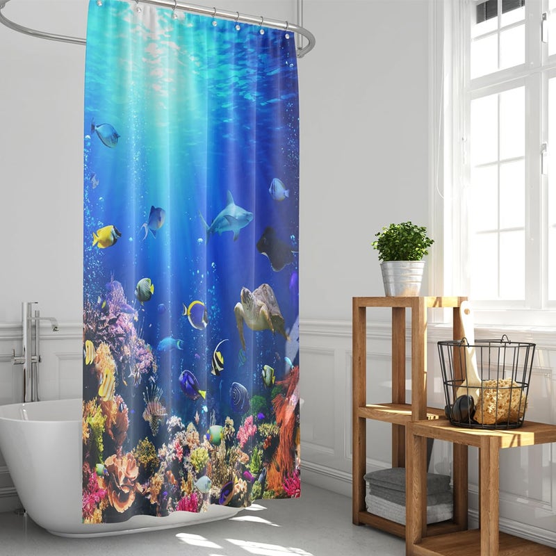 ZXMBF Ocean Underwater World Shower Curtain Colorful Tropical Fishes Turtle Coral in The Deep Sea Home D?cor Waterproof Fabric 72Lx36W Inch Blue Plastic Hooks - Image 3