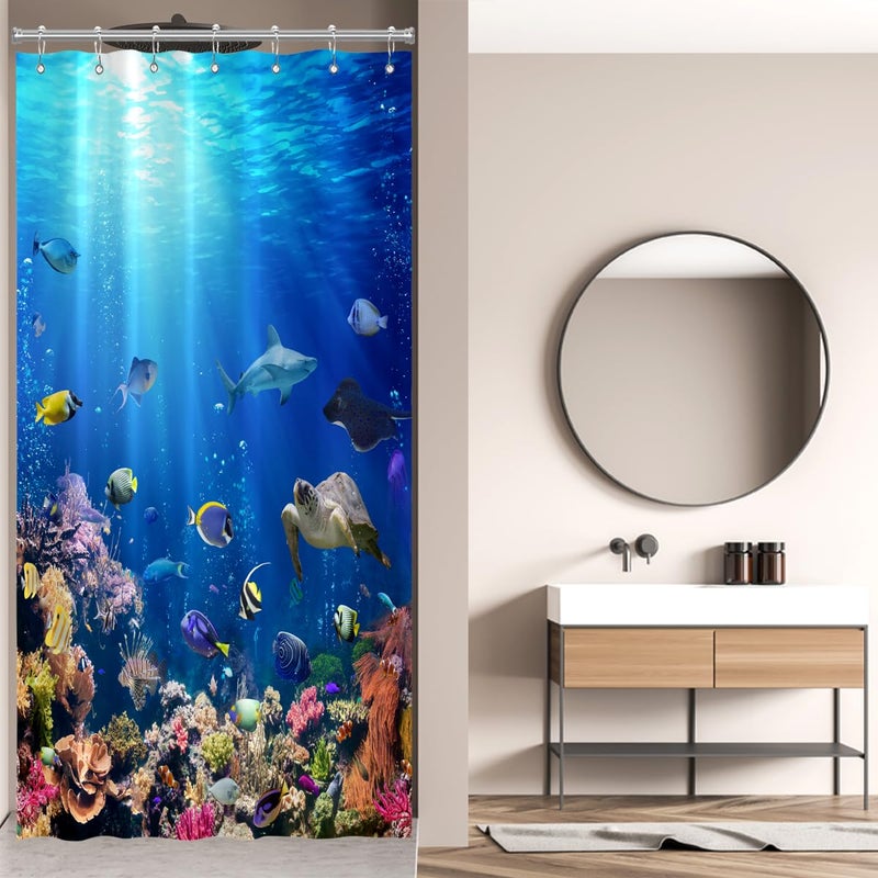 ZXMBF Ocean Underwater World Shower Curtain Colorful Tropical Fishes Turtle Coral in The Deep Sea Home D?cor Waterproof Fabric 72Lx36W Inch Blue Plastic Hooks - Image 2