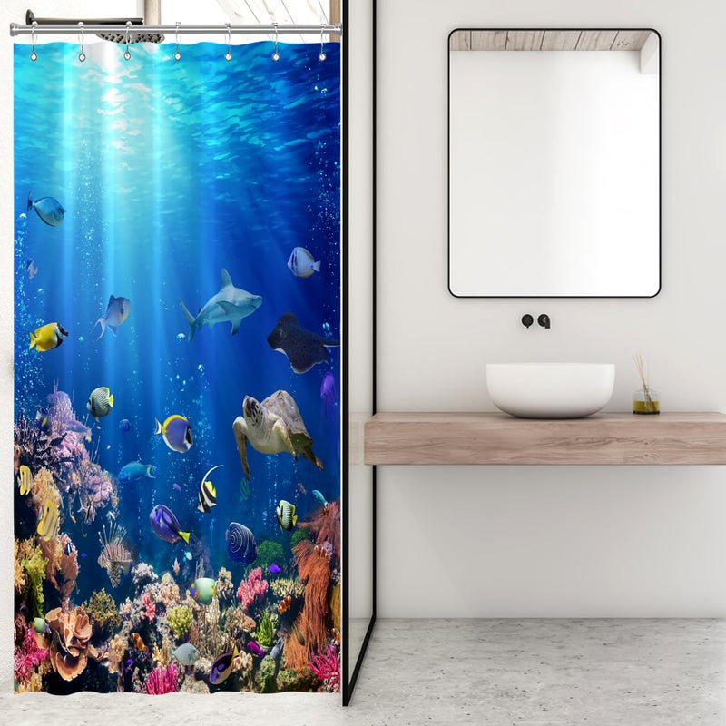 ZXMBF Ocean Underwater World Shower Curtain Colorful Tropical Fishes Turtle Coral in The Deep Sea Home D?cor Waterproof Fabric 72Lx36W Inch Blue Plastic Hooks - Image 4