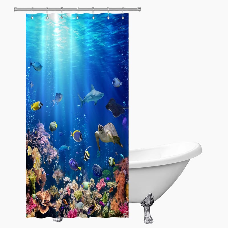ZXMBF Ocean Underwater World Shower Curtain Colorful Tropical Fishes Turtle Coral in The Deep Sea Home D?cor Waterproof Fabric 72Lx36W Inch Blue Plastic Hooks - Image 1