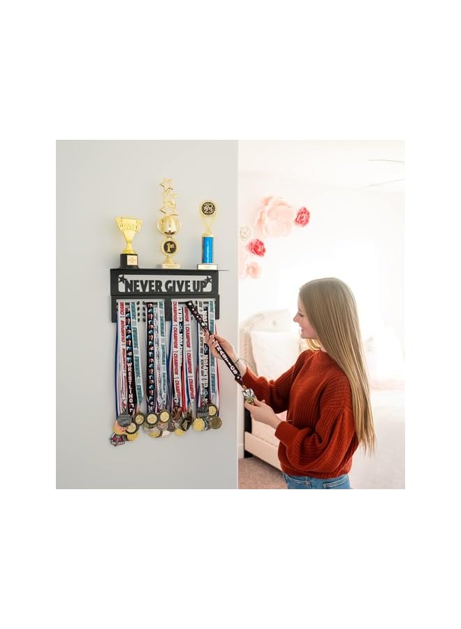 promass Medal Hanger Display, Holds 64 + Sports Medals Trophy Shelf, Metal Awards Rack for Walls, Our Never Give Up 16" Trophy and Medal Display Shelf, Black - Image 3