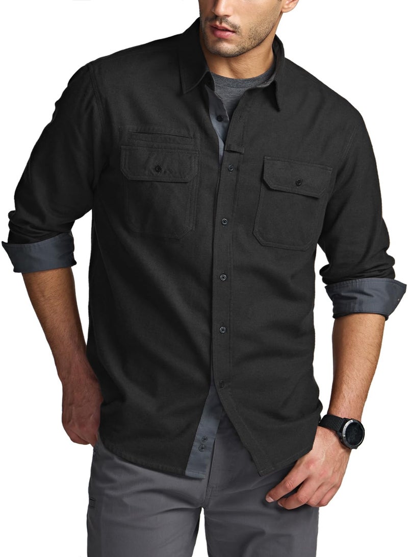 CQR Men's 100% All Cotton Button Down Flannel Shirts, Long Sleeve Brushed Warm Soft Casual Outdoor Plaid Shirt, Corduroy Coal Black, Medium - Image 2