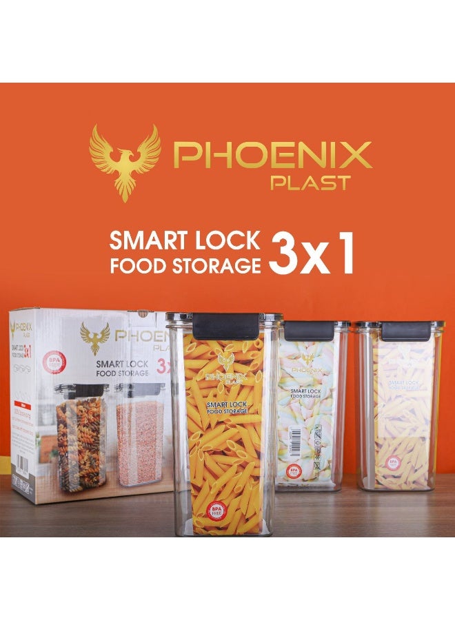 فينيكس طقم علب تخزين أكريليك بيور من "فونكس" 3 قطع، سعة 1700 مل، بغطاء كلبس محكم الغلق - Image 1