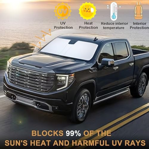 PIMCAR حاجب الشمس لزجاج السيارة الأمامي لسيارات شيفروليه سيلفرادو/GMC سييرا 1500 من 23-25، سيلفرادو/سييرا 2500HD 3500HD من 24-25، سيلفرادو/سييرا الموديلات المجددة من 22-25، حاجب الشمس القابل للطي يحجب الأشعة فوق البنفسجية، - Image 3