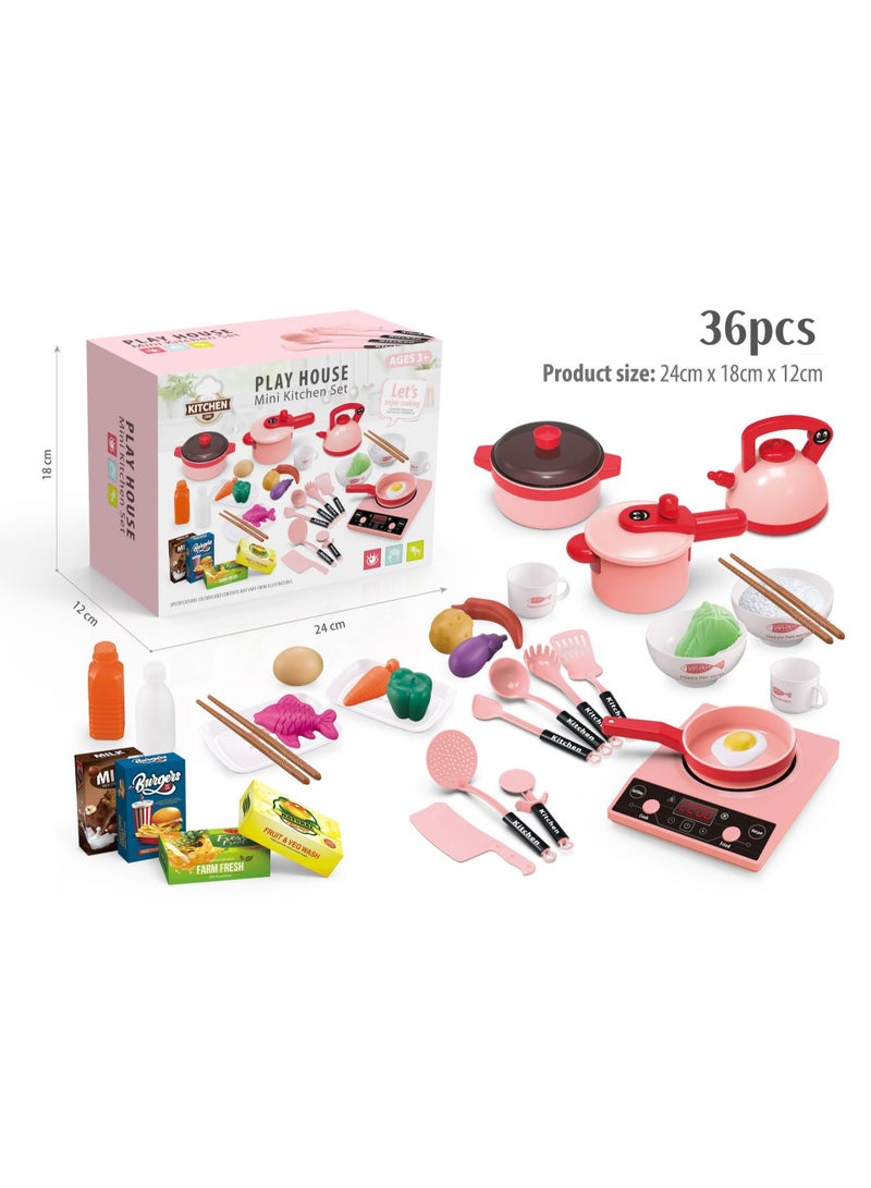 مجموعة ألعاب مطبخ للأطفال 36 قطعة - لعب الطبخ المصغر مع أدوات المطبخ وأطعمة لعب للأولاد والبنات (وردي)