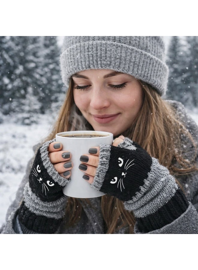 قفازات شتويه نسائيه بدون اصابع مصنوعه من قماش محبوك ناعم عالي الجودة تصميم وجه القطة  باللون الاسود تضيف لمسة فاخرة وأنيقة لاطلالتك الشتويه - Image 2