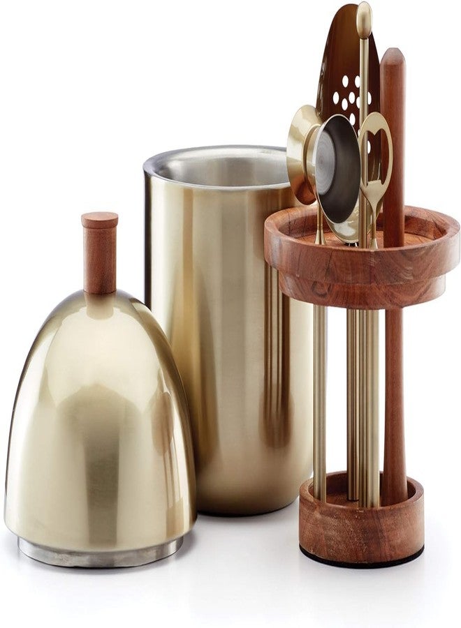 IZZHAAR Mini Bar Tool Set for Home & Travel with Wooden Muddler, Jigger, Strainer, Bottle Opener, Gold & Brown, Cocktail Set, Gift for Cocktail Lover - Image 1