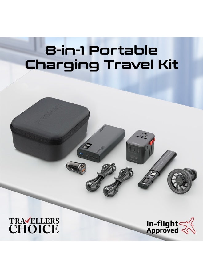 PROMATE 8-in-1 Travel Kit with 20000mAh Power Bank, Universal Travel Adapter, 65W PD Fast Charging, MagSafe Car Mount, USB-C Charging Cables, Mini Car Charger & Travel Organizer Case Black - Image 2