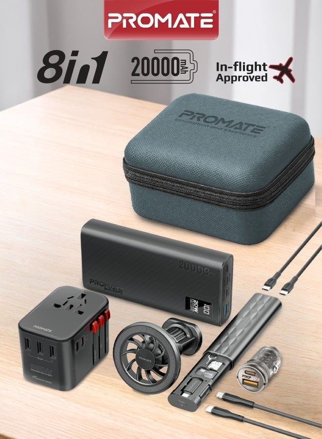 PROMATE 8-in-1 Travel Kit with 20000mAh Power Bank, Universal Travel Adapter, 65W PD Fast Charging, MagSafe Car Mount, USB-C Charging Cables, Mini Car Charger & Travel Organizer Case Black - Image 1