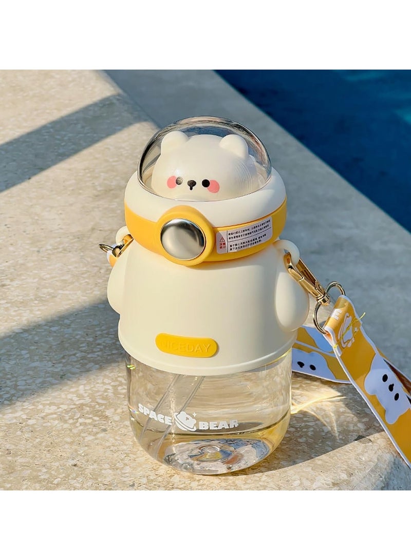 عام زجاجة مياه على شكل دب لطيف مع حزام كتف قابل للتعديل وزجاجة مياه على شكل دب كاواي قابلة للطي مع كوب مانع للتسرب مع قشة - Image 1