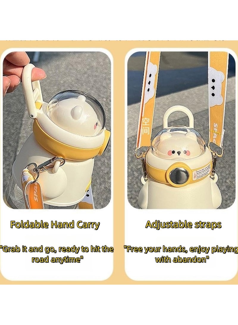 عام زجاجة مياه على شكل دب لطيف مع حزام كتف قابل للتعديل وزجاجة مياه على شكل دب كاواي قابلة للطي مع كوب مانع للتسرب مع قشة - Image 2