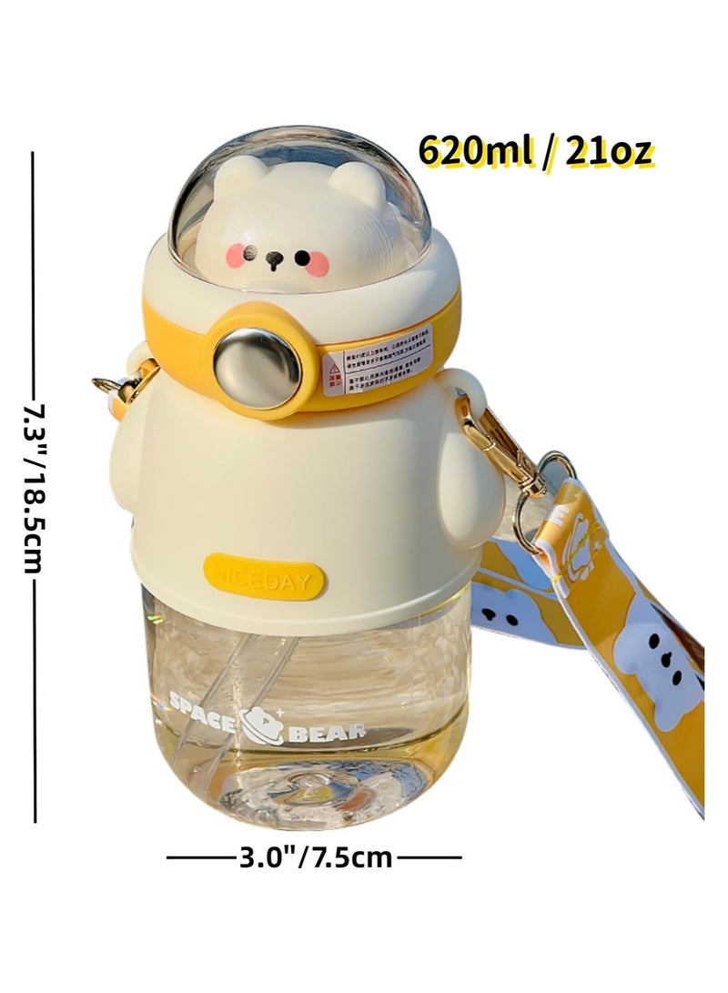 عام زجاجة مياه على شكل دب لطيف مع حزام كتف قابل للتعديل وزجاجة مياه على شكل دب كاواي قابلة للطي مع كوب مانع للتسرب مع قشة - Image 4