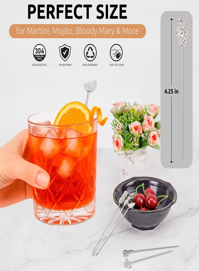 DEMIGO Fruit-Shaped Cocktail Picks, 8 Stainless Steel Reusable Skewers with Tropical Toppers - Olive Stuffers Martini Picks set Fruit Toothpicks Garnish Skewers Appetizer Drink Stick - Image 2