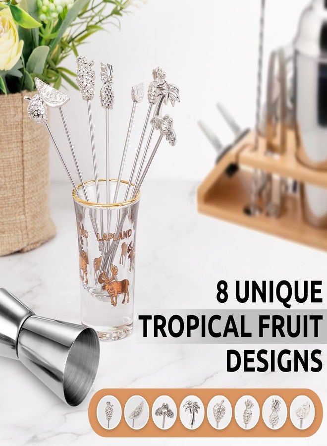 DEMIGO Fruit-Shaped Cocktail Picks, 8 Stainless Steel Reusable Skewers with Tropical Toppers - Olive Stuffers Martini Picks set Fruit Toothpicks Garnish Skewers Appetizer Drink Stick - Image 3