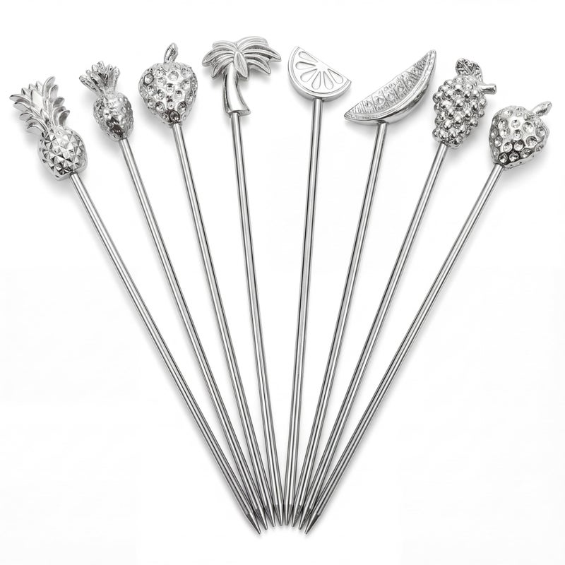 DEMIGO Fruit-Shaped Cocktail Picks, 8 Stainless Steel Reusable Skewers with Tropical Toppers - Olive Stuffers Martini Picks set Fruit Toothpicks Garnish Skewers Appetizer Drink Stick - Image 1