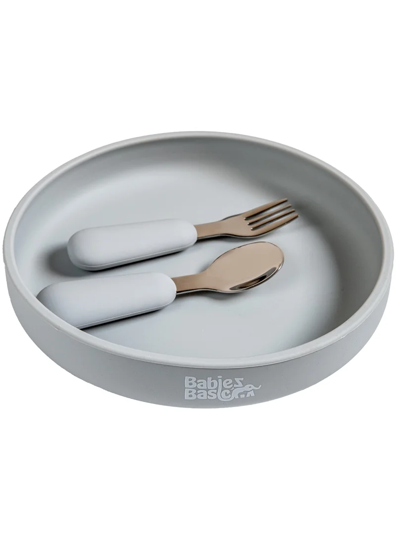 Babies Basic Babies Basic Silicone Feeding Set with Silicone Suction Plate, Spoon and Fork  - Gray