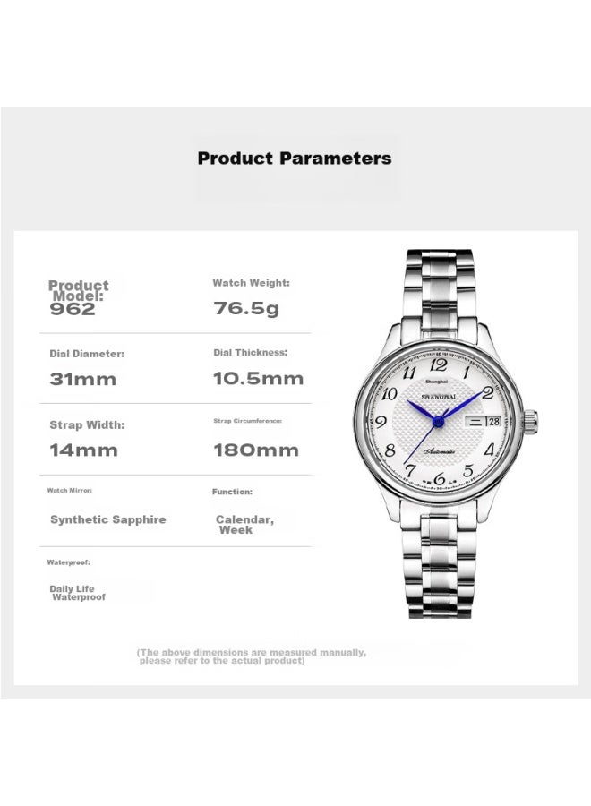 Shanghai Watch Gift, National Series, Casual Automatic Mechanical Wrisch With Transparent Case Back And Steel Strap For Women, S629 White Dial With Dual Calendar - Image 1