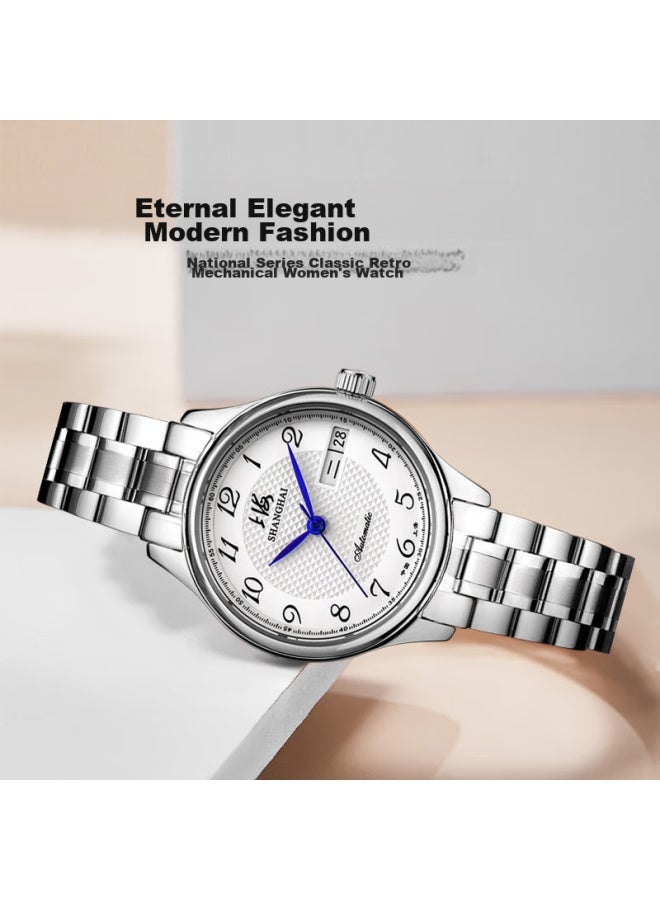 Shanghai Watch Gift, National Series, Casual Automatic Mechanical Wrisch With Transparent Case Back And Steel Strap For Women, S629 White Dial With Dual Calendar - Image 2