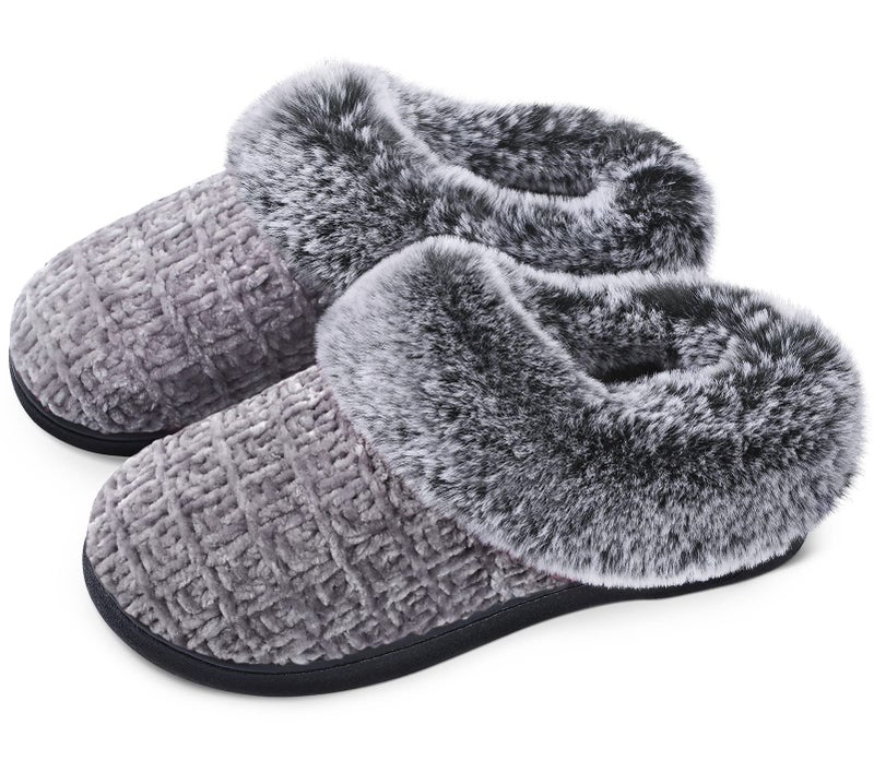DL Women's House Slippers with Fuzzy Plush Faux Fur Collar, Memory Foam Slip on House Shoes with Indoor Outdoor Anti-Skid Rubber Sole, Grey, 9-10 - Image 1